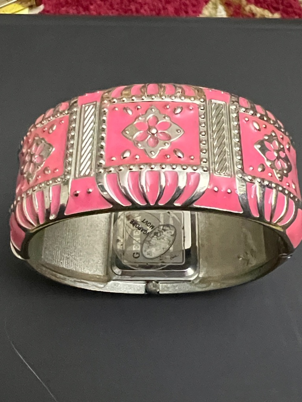 Geneva Coral Pink Enamel Floral Cuff Watch - Picture 5 of 5